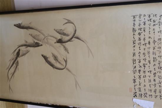 A collection of five Chinese prints, a Victorian sampler etc